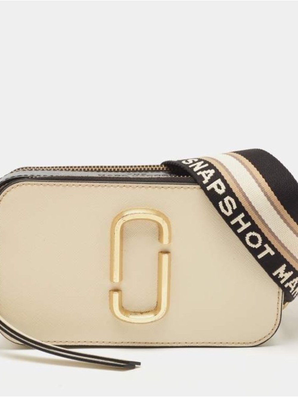 Marc Jacobs Cream Saffiano Snapshot Crossbody with Striped Webbing Strap